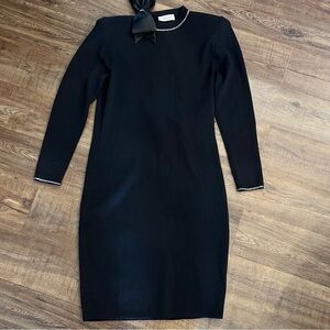 St John Evening Santana Knit Bow Dress Black Rhinestone Trim Vintage size 8 USA